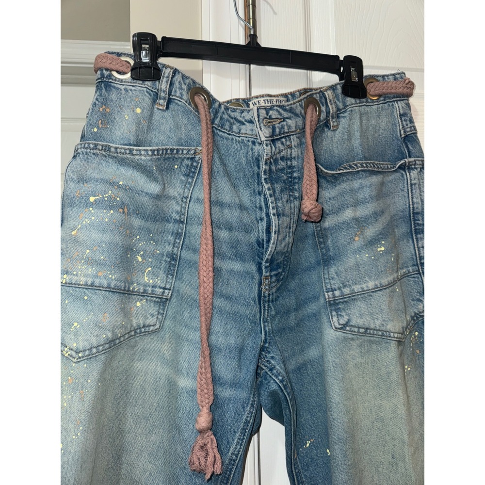 We The Free Free People Old West Slouchy Jeans 31 Paint Splatter Drawstring Blue - Picture 7 of 9